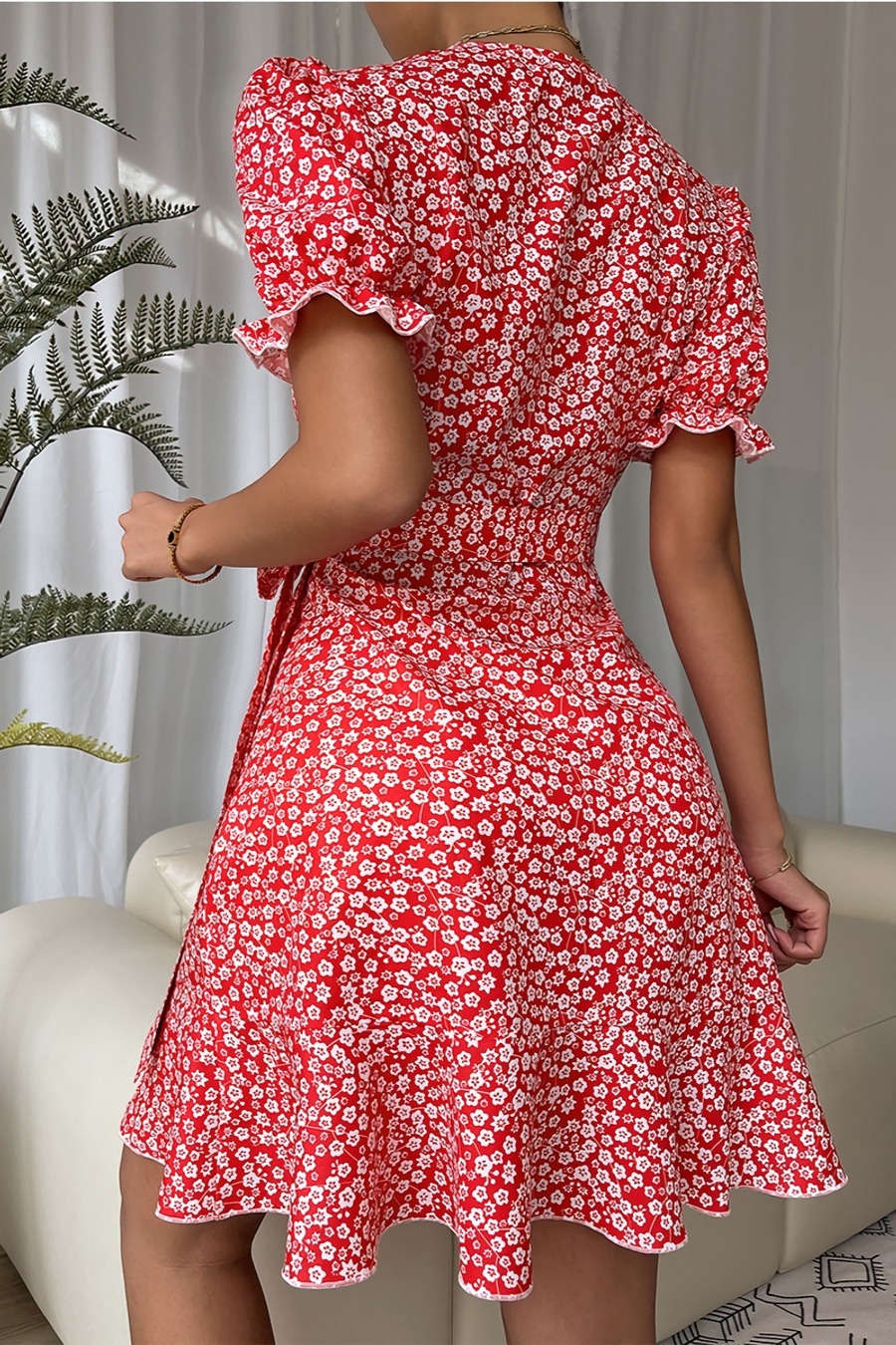 Summer New Stylish Batch Printing Inelastic With Belt V-Neck Casual Mini Dress