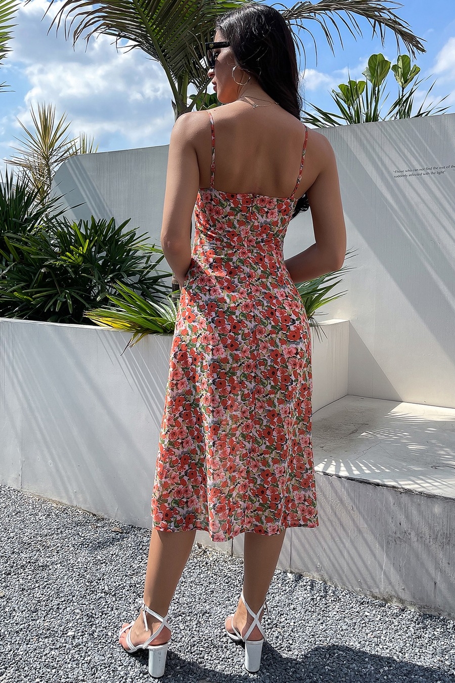 Summer New Stylish Batch Printing Inelastic Sling Zip-Up Good Quality High Slit Backless Sexy Midi Dress