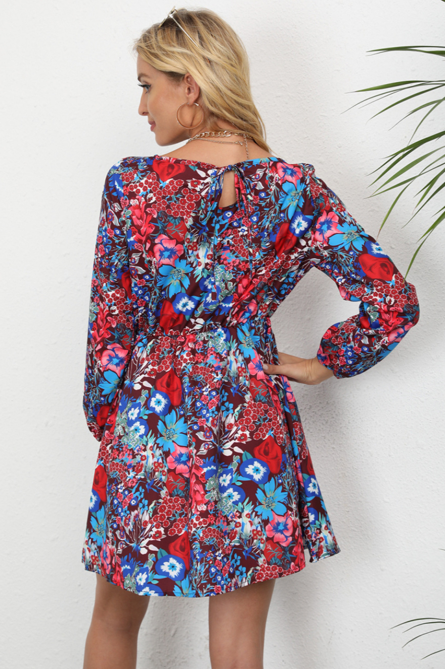 Autumn New Plus Size All Over Floral Printing Inelastic Lace-Up Back Stylish Casual Pastoral Style Mini Dress (Without Belt) 3#