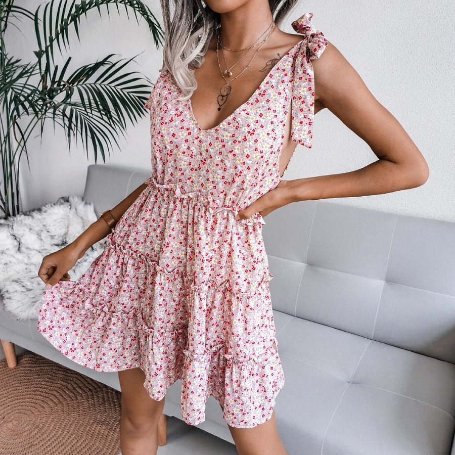 Summer New Stylish Simple Inelastic Lace-Up V-Neck Casual Mini Dress