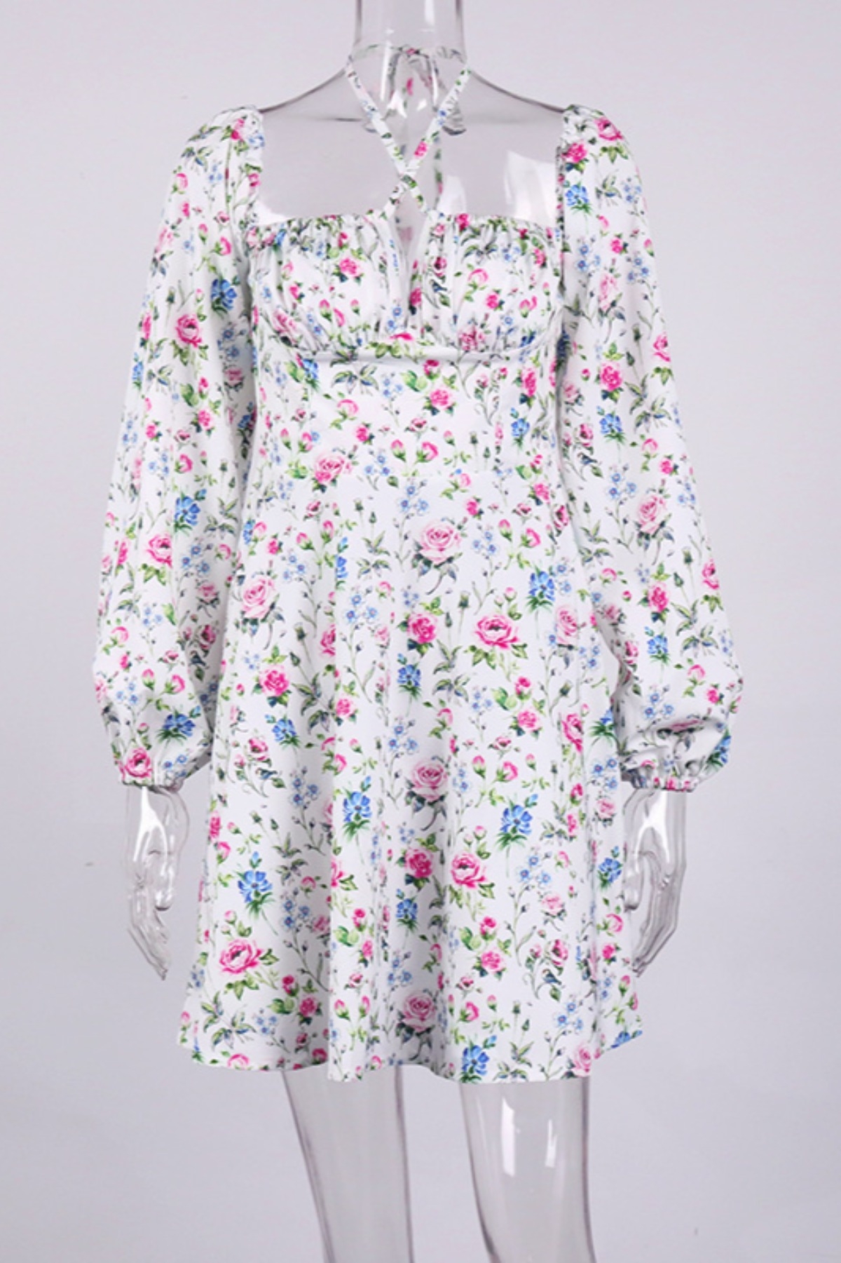 Xs-L Floral Printing Inelastic Square-Neck Lace-Up Zip-Up Back Sweet Rural Mini Dress