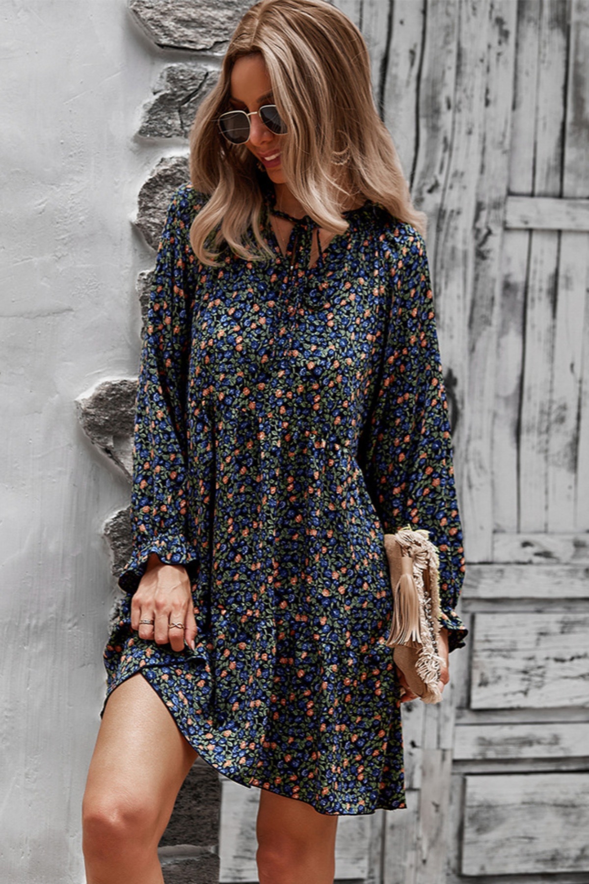 Early Autumn Long Sleeve Casual Batch Printing Lace-Up Inelastic Mini Dress