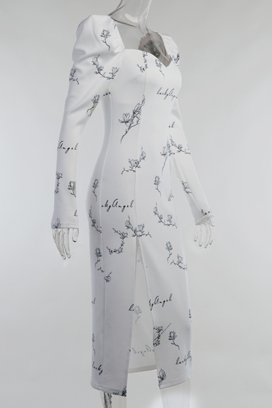 Early Autumn Temperament Square Neck Long Sleeve Letty "Lucky Angel" Batch Printing Stretch High Split Midi Dress