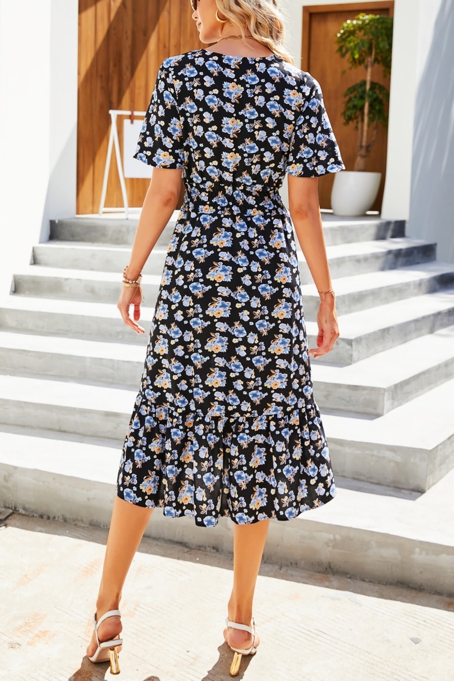 Summer New Plus Size Chiffon Floral Batch Printing Micro-Inelastic V Neck Nipped Waist Smocked Ruffle Swing Stylish Retro Midi Dress