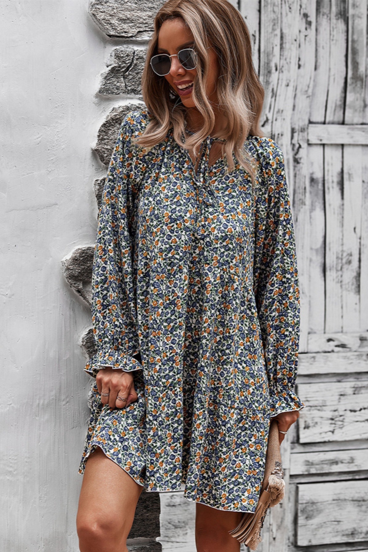 Early Autumn Long Sleeve Casual Batch Printing Lace-Up Inelastic Mini Dress