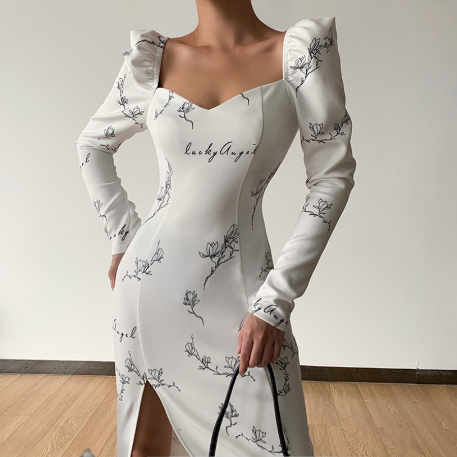 Early Autumn Temperament Square Neck Long Sleeve Letty "Lucky Angel" Batch Printing Stretch High Split Midi Dress