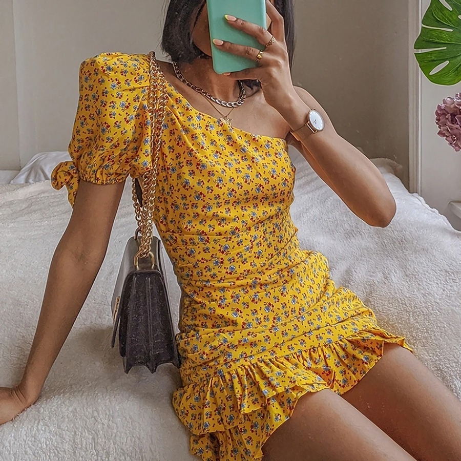 Spring & Summer New Floral Batch Printing Inelastic One Shoulder Shirring Ruffle Decor Zip-Up Slim Stylish Retro Mini Dress