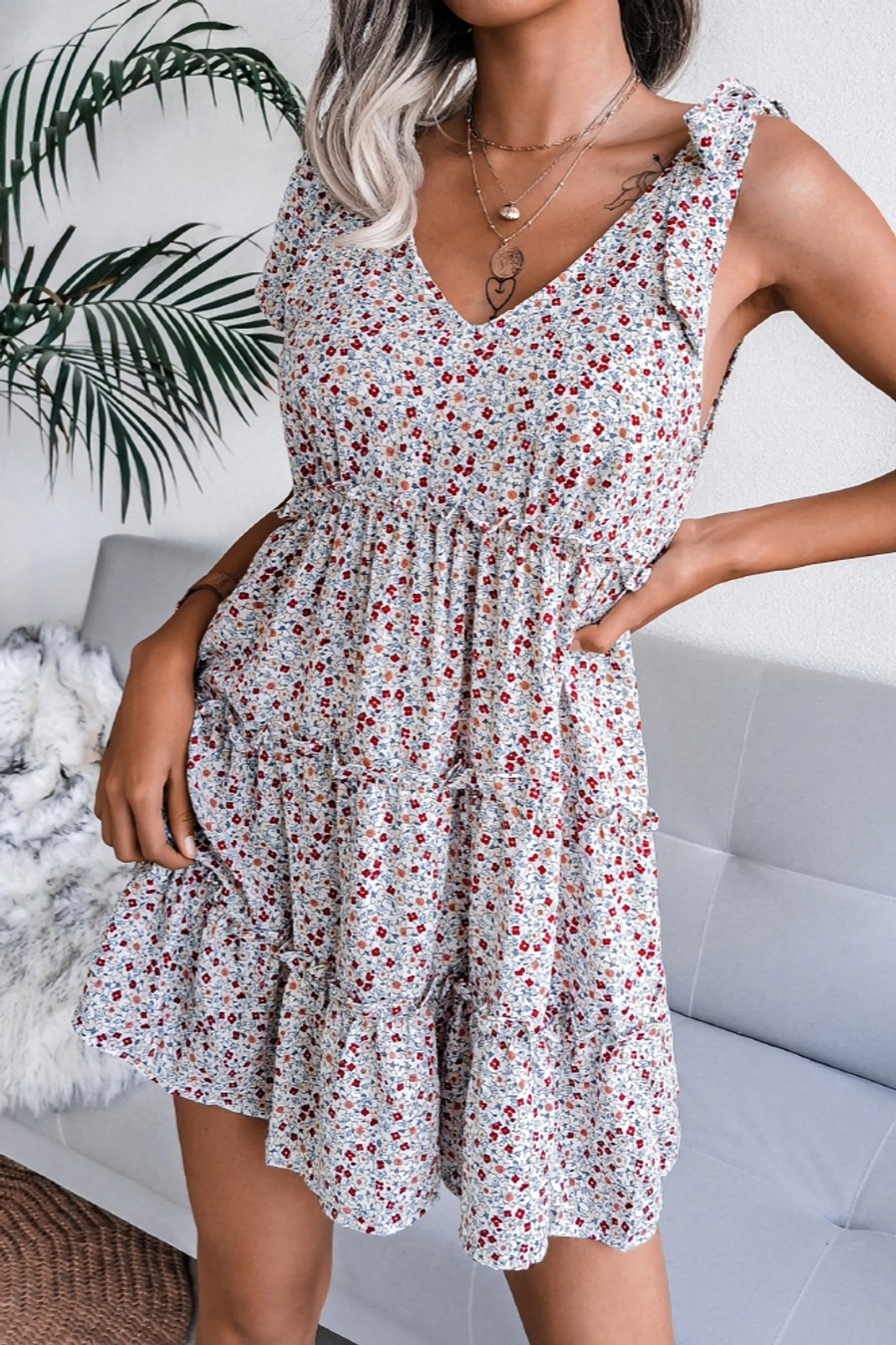 Summer New Stylish Simple Inelastic Lace-Up V-Neck Casual Mini Dress