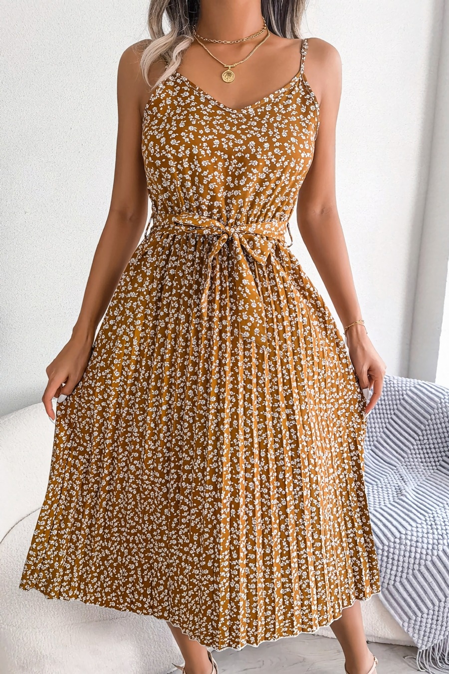 Summer New Stylish 3 Colors Inelastic Floral Batch Printing Sling Backless Pleated With Belt Casual Midi Dress