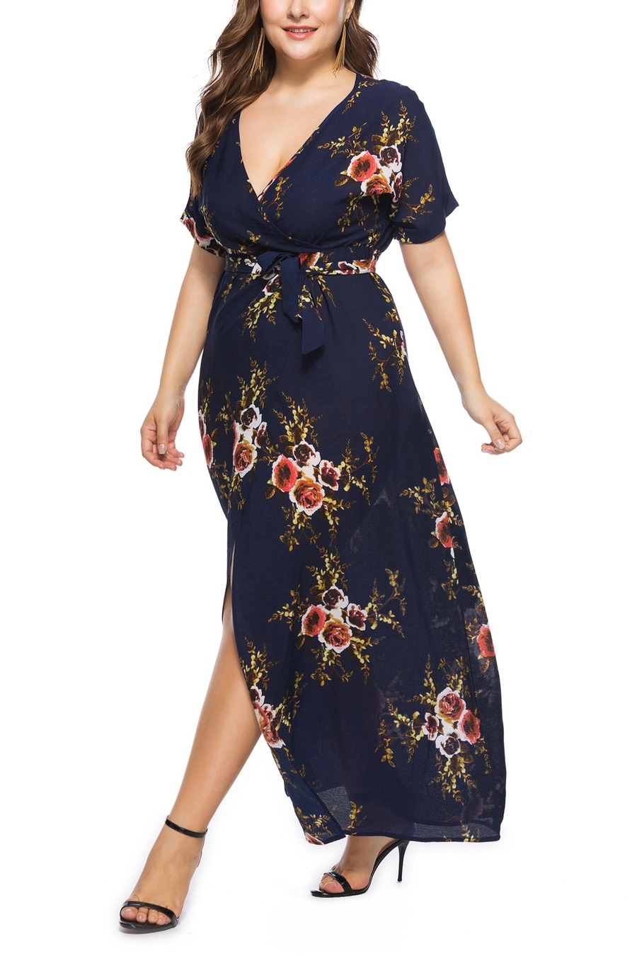 Xl-5Xl Summer New Plus Size Flower Batch Printing Inelastic V-Neck Stylish Bohemia Style Maxi Dress With Belt