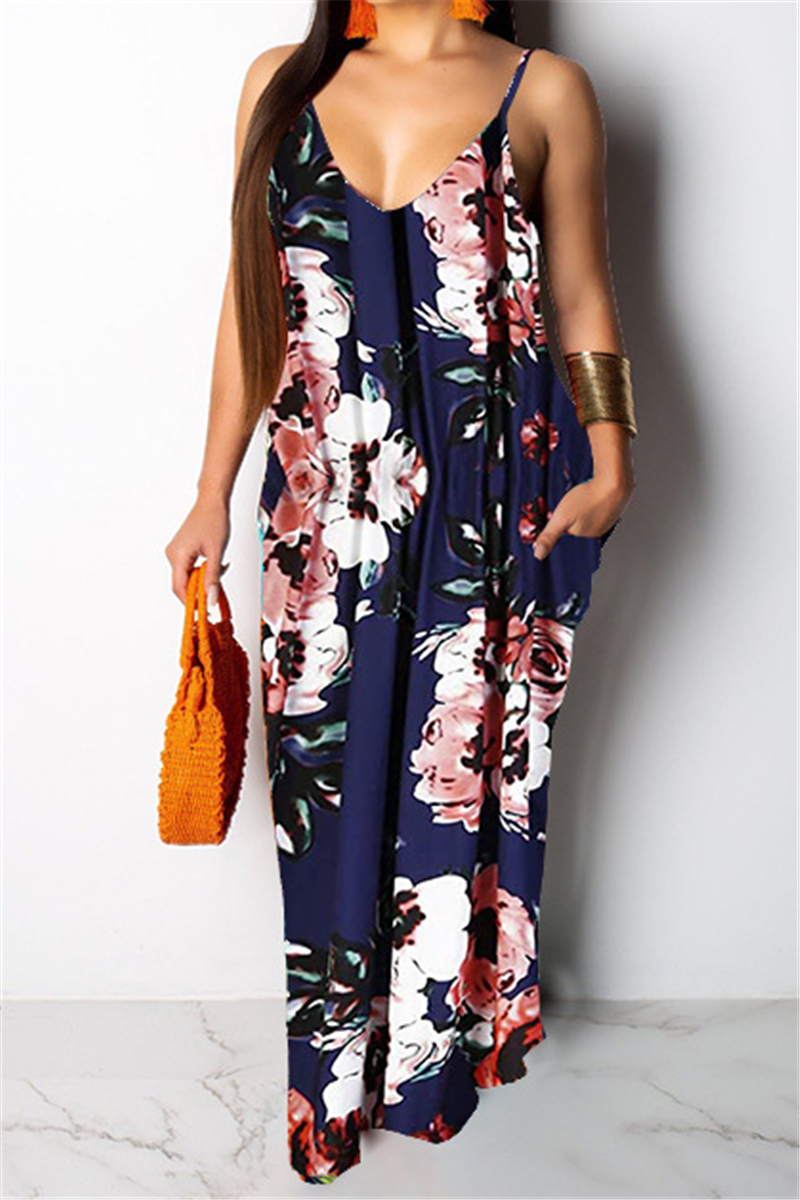 Summer Plus Size New Style 2 Colors Flowers Batch Printing Sling Maxi Dress