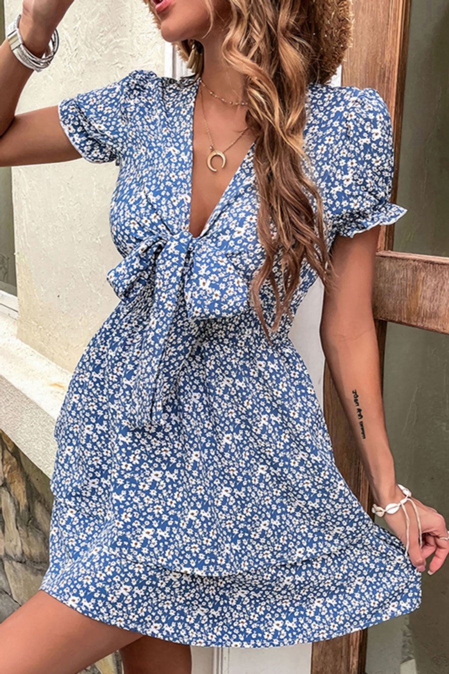 Summer New Stylish Floral Batch Printing Inelastic V-Neck Lace-Up Short Sleeves Casual Mini Dress