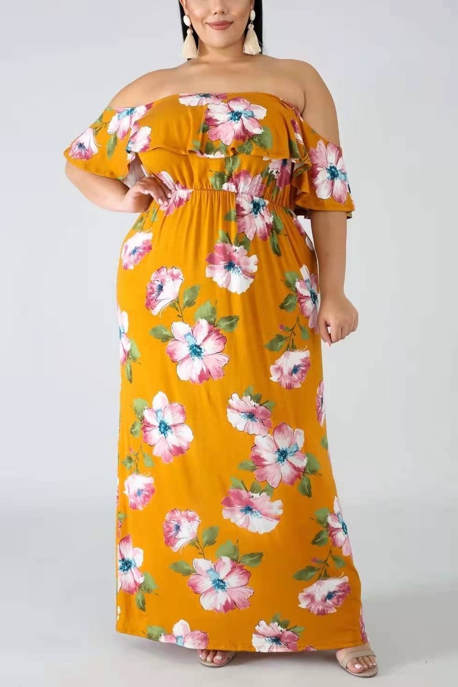 Xl-5Xl Plus Size Summer New Stylish Stretch Batch Printing Off-The Shoulder Short Sleeves Casual Maxi Dress