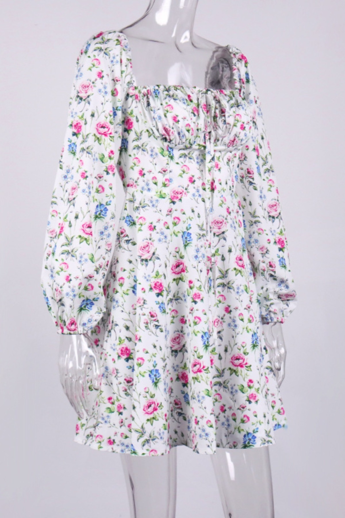 Xs-L Floral Printing Inelastic Square-Neck Lace-Up Zip-Up Back Sweet Rural Mini Dress
