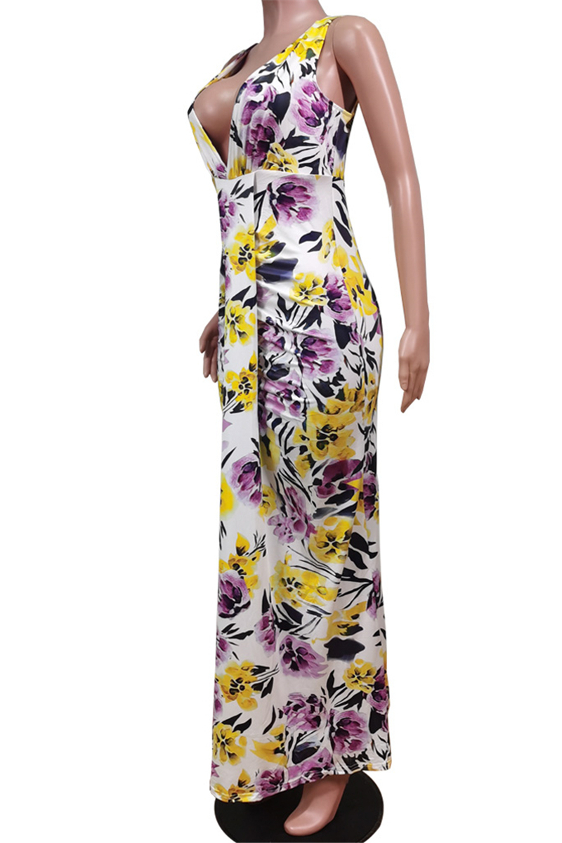 Plus Size Summer Sleeveless Deep V-Neck New Flowers Batch Printing Stretch Maxi Dress