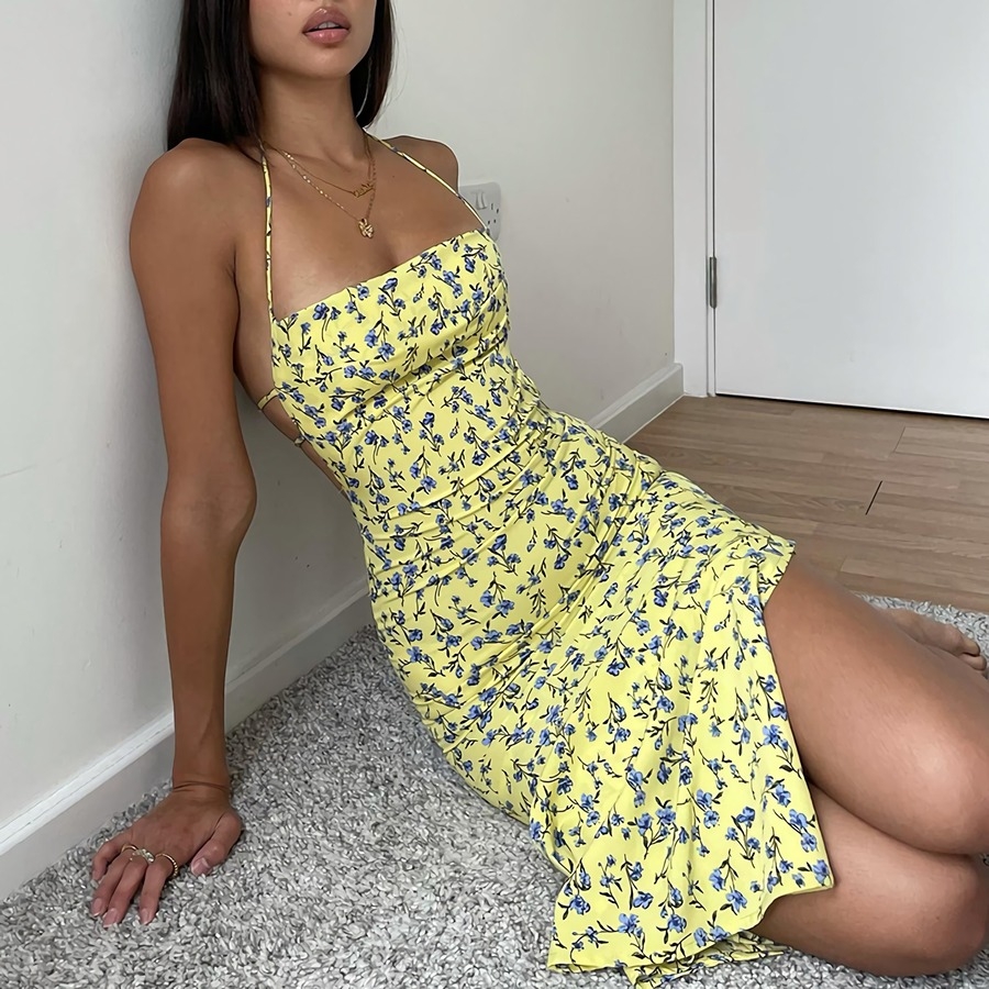 Summer New Stylish Floral Batch Printing Halter-Neck Lace-Up Hollow Stretch High Slit Backless Sexy Midi Dress