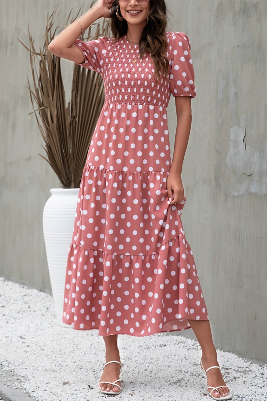 S-2Xl Plus Size Summer New Stylish 3 Colors Inelastic Polka Dot Printing Crew Neck Hollow Lace-Up Casual Midi Dress