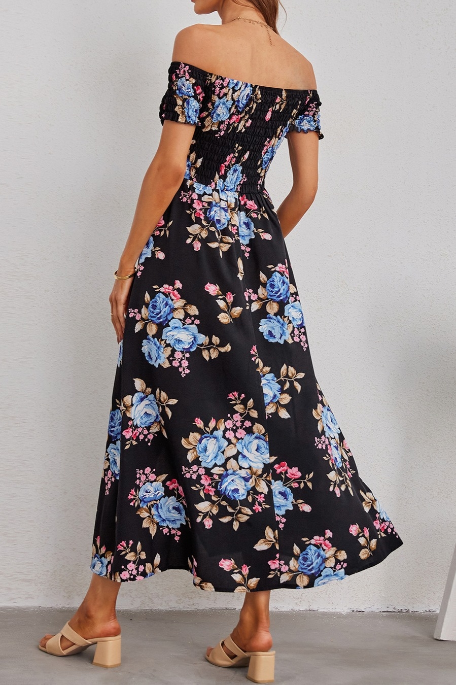 Summer New Off The Shoulder Flower Batch Printing Stretch Slit Midi Dress #1#