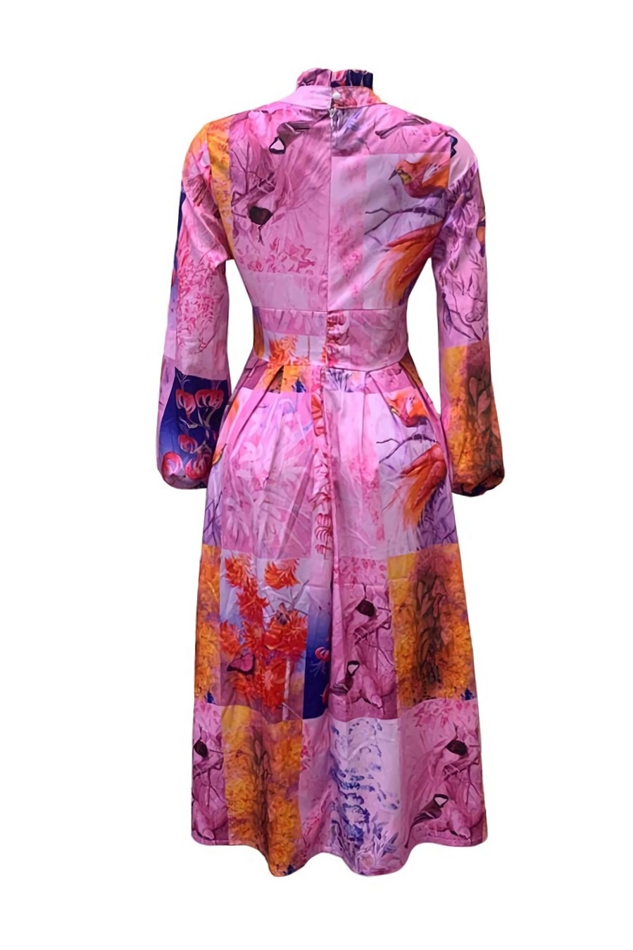 S-3Xl Spring Plus Size Batch Printing Inelastic Zip-Up Back Casual Ethnic Style Midi Dress With Belt 2#