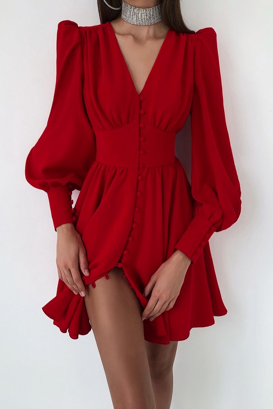 Summer New Stylish Five Colors V-Neck Puff Long Sleeves Solid Color Button Inelastic Casual Mini Dress