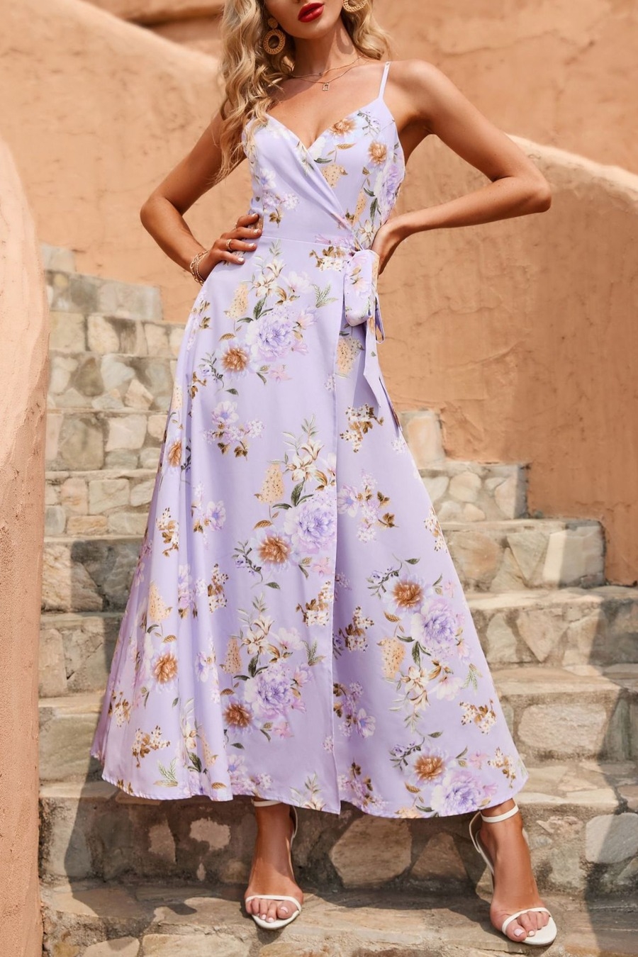 Summer New Floral Batch Printing Inelastic Backless Adjustable Straps High Slit Lace-Up Stylish Sexy Vacation Style Maxi Dress