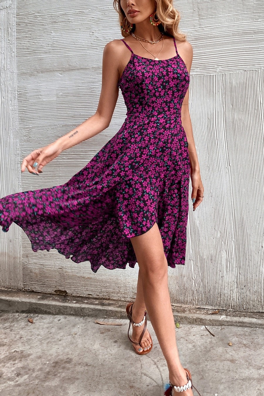 Xs-L Summer New Stylish Inelastic Floral Batch Printing Sling Backless Split Casual Midi Dress