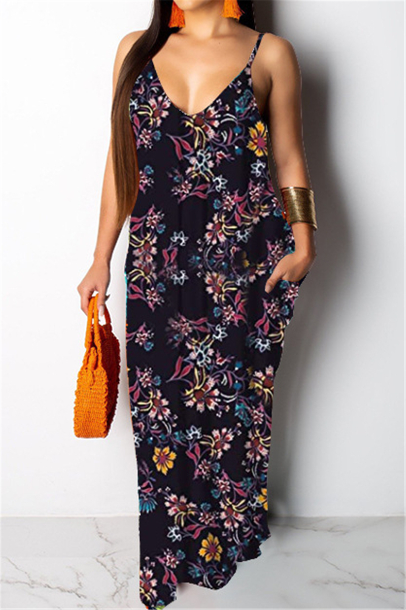 Summer Plus Size New Style 2 Colors Flowers Batch Printing Sling Maxi Dress