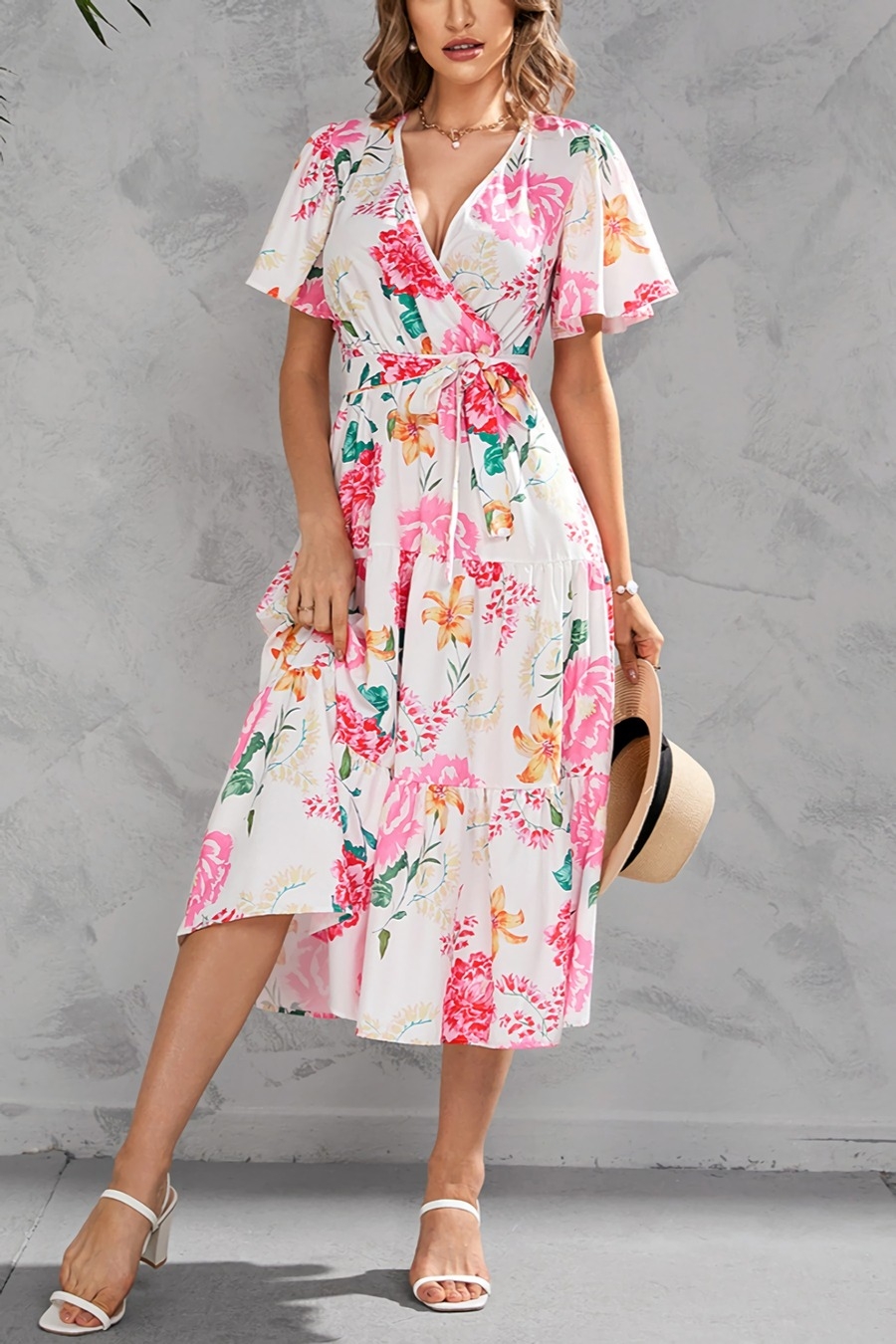 Summer New Plus Size Floral Batch Printing V-Neck Tie-Waist Ruffle Shirring Swing Stylish Retro Midi Dress(With Belt)