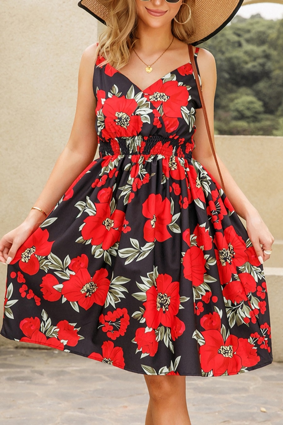 S-2Xl Plus Size Summer New Flower Batch Printing Stretch Sling Backless Fashion Casual Midi Dress