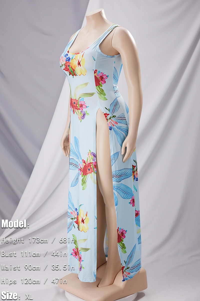 Plus Size New Fashion Flower Batch Printed Summer Sleeveless Sexy Split Dress