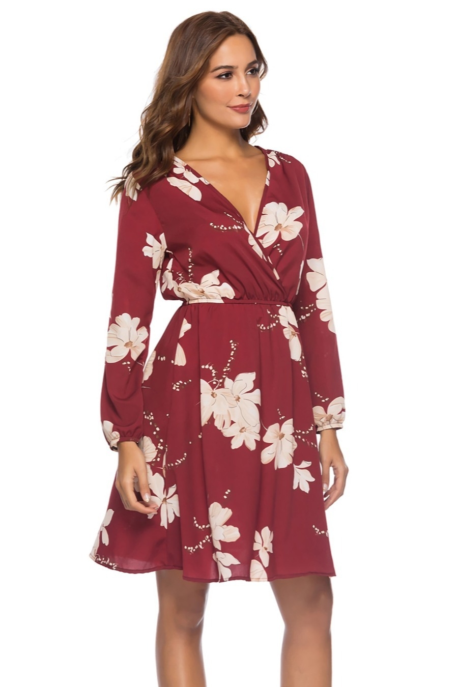 Summer New Plus Size Flower Batch Printing Inelastic V-Neck Shirring Long Sleeves Waist Stylish Casual Mini Dress