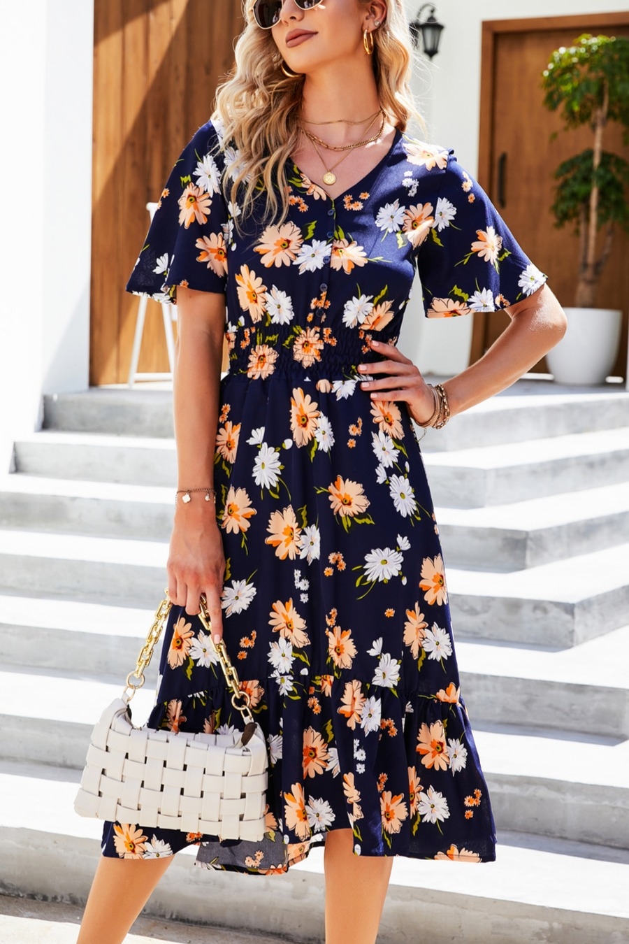 Summer New Plus Size 3 Colors Floral Batch Printing Micro-Elastic V Neck Nipped Waist Smocked Ruffle Single Breasted Botton Swing Stylish Holiday Midi Dress