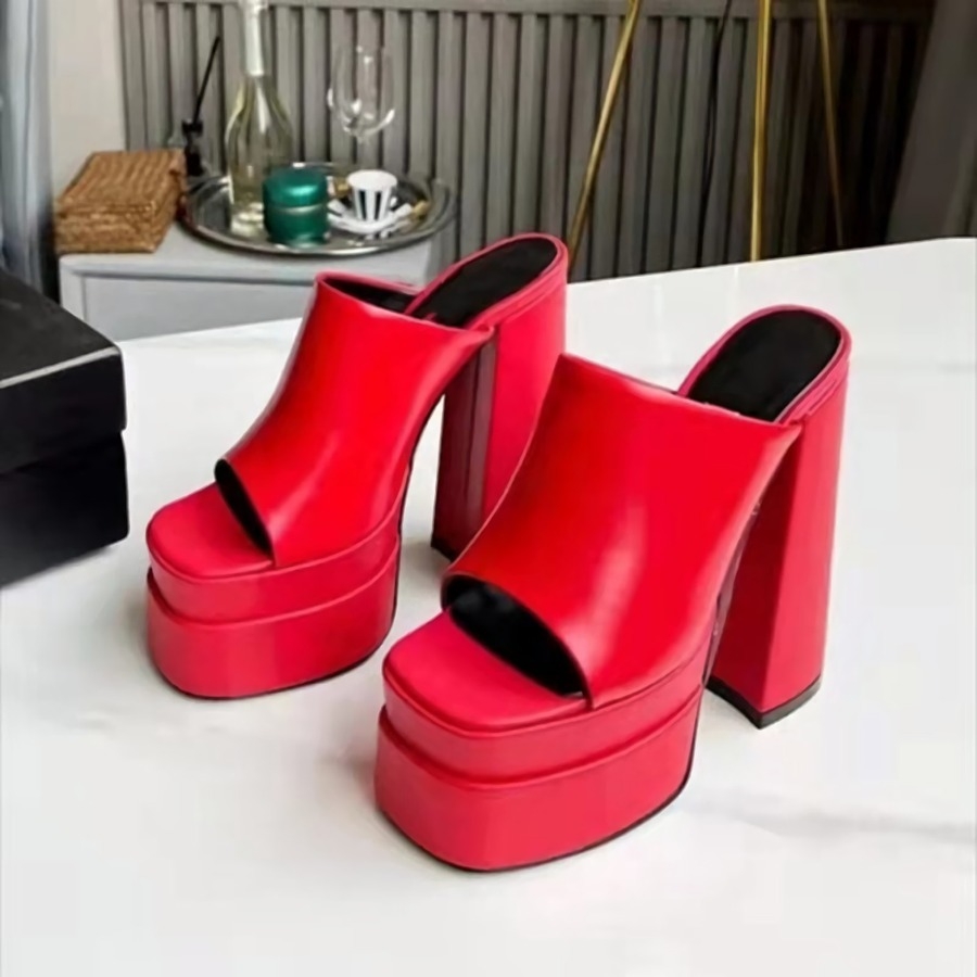 Summer New 5 Colors Solid Color Square Toe Stylish High-Heel Sandals(Front Heel Height:5Cm,Back Heel Height:14Cm)