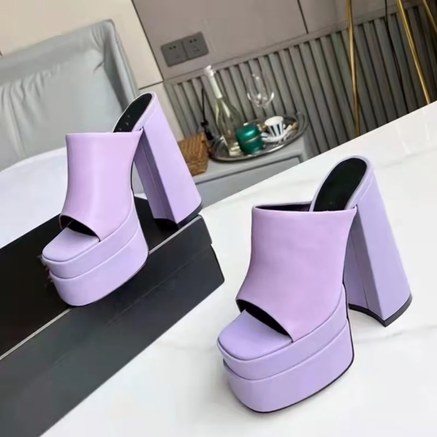 Summer New 5 Colors Solid Color Square Toe Stylish High-Heel Sandals(Front Heel Height:5Cm,Back Heel Height:14Cm)