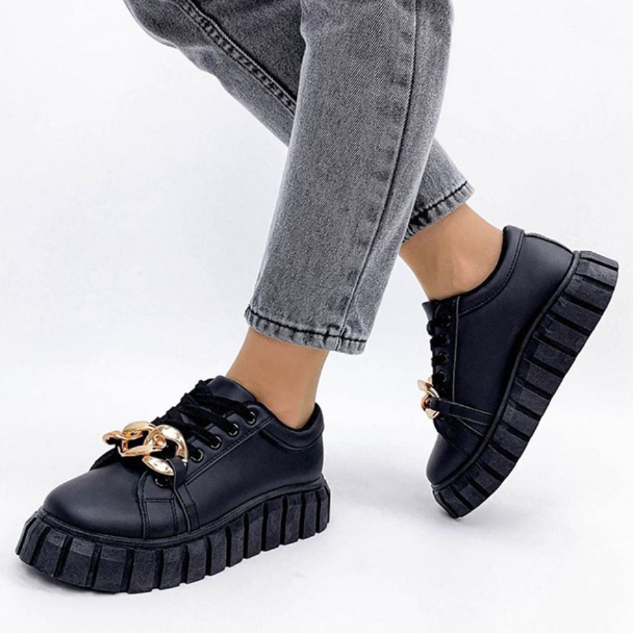 Autumn New Solid Color Pu Low-Upper Chain Decor Lace-Up Stylish Casual Sneakers