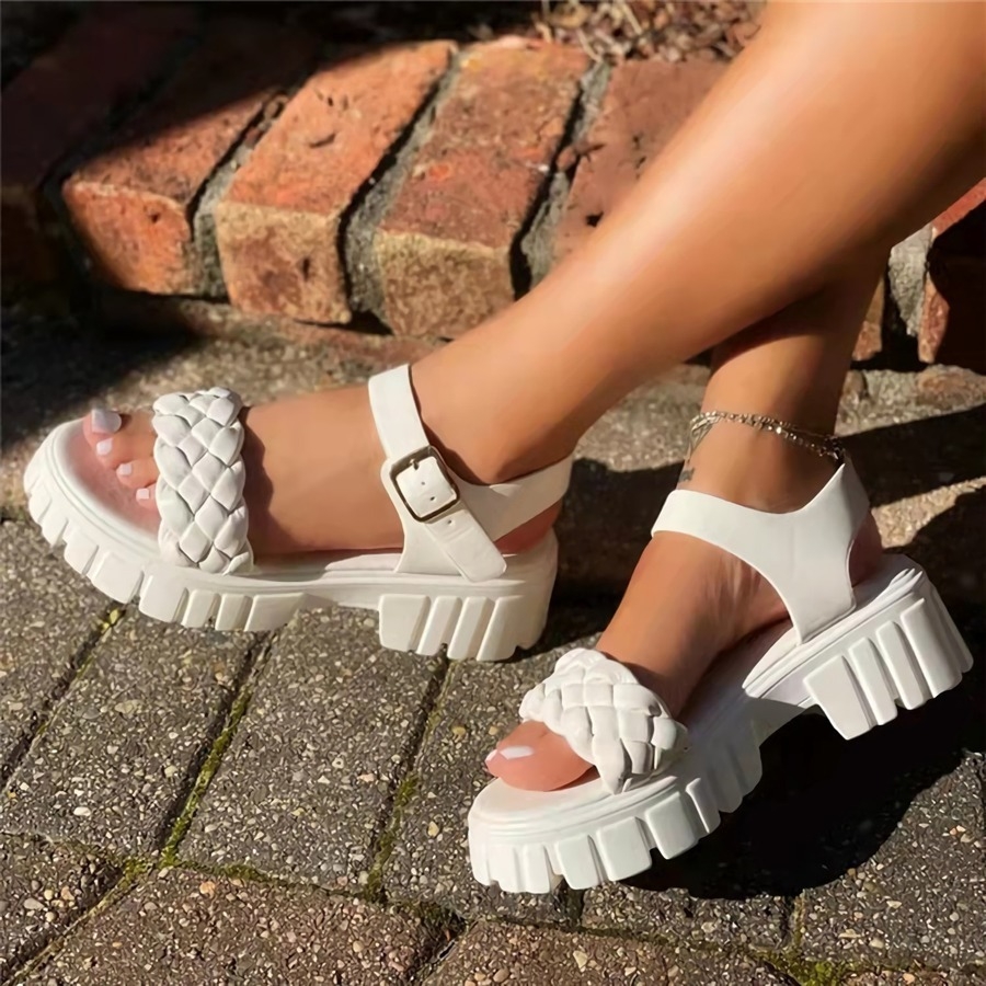 Summer New 7 Colors Solid Color Woven Thick Bottoms Metal-Buckle Adjustable Stylish Sandals(Heel Height:5Cm)