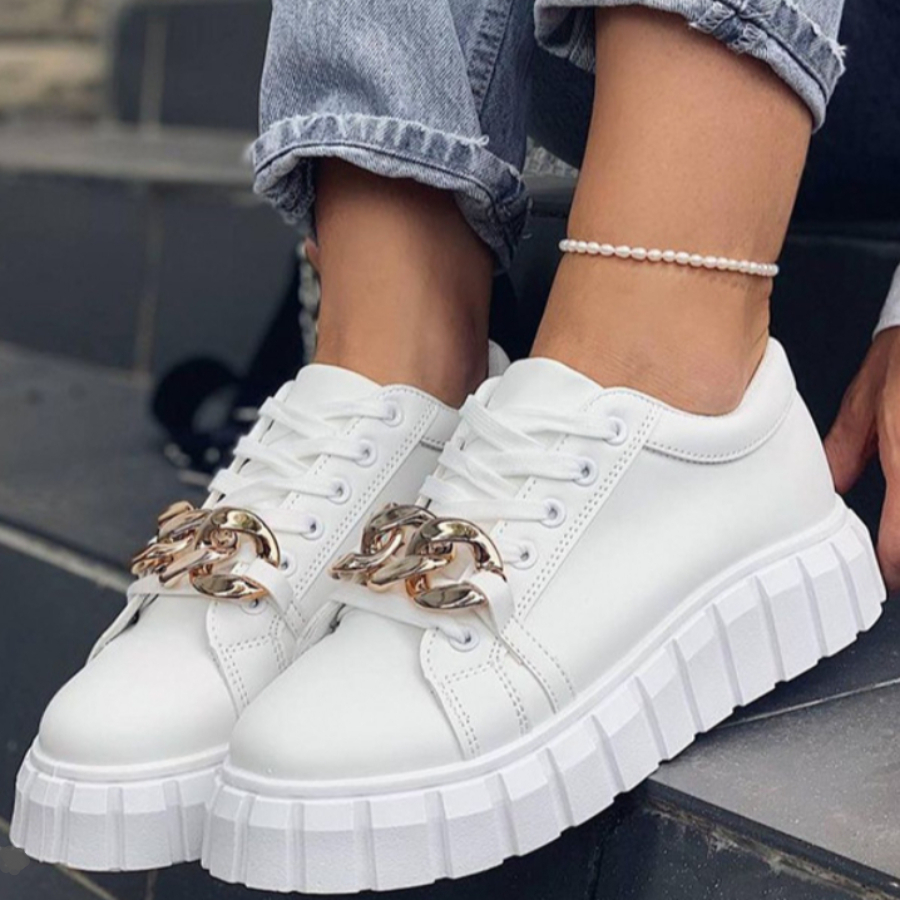 Autumn New Solid Color Pu Low-Upper Chain Decor Lace-Up Stylish Casual Sneakers