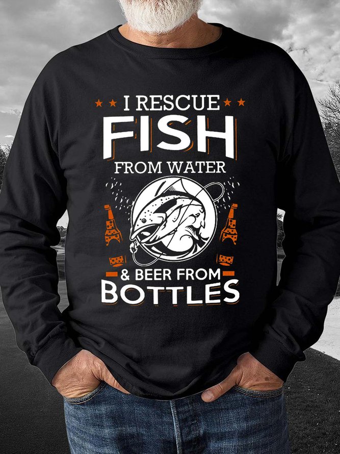Men Casual All Season Text Letters Rescue Fish And Beer From Bottles Daily Regular Fit Crew Neck H-line Regular Sweatshirt