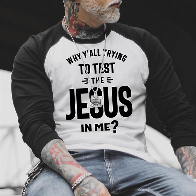 Men's T Shirt Tee Jesus Graphic Letter Crew Neck Street Daily Patchwork Print Long Sleeve Tops Designer Casual Fashion Comfortable White