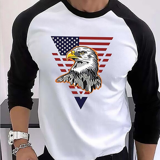 Men's T Shirt Tee Hot Stamping Graphic National Flag Crew Neck Street Daily Patchwork Print Long Sleeve Tops Designer Casual Fashion Comfortable White