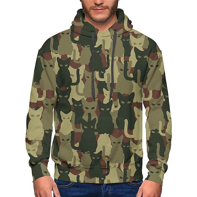 Men's Unisex Pullover Hoodie Sweatshirt Cat Graphic Prints Pocket Print Sports & Outdoor Daily Sports 3d Print Basic Casual Hoodies Sweatshirts  Green Gray
