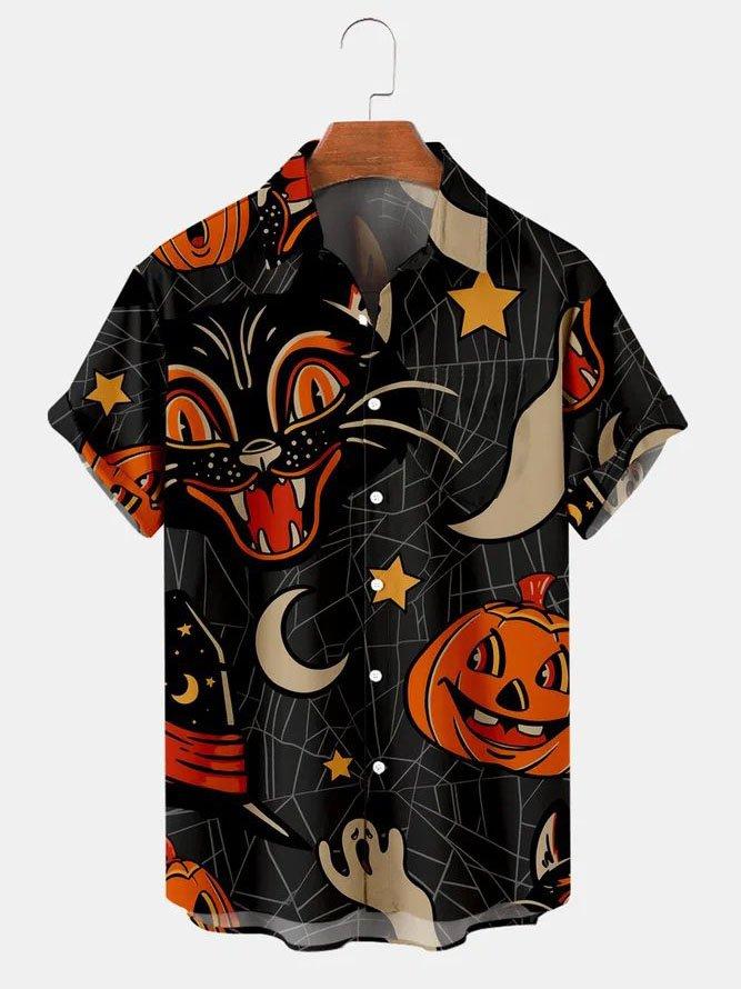 Men's Halloween Pumpkin Cat Print Casual Breathable Short Sleeve Shirt