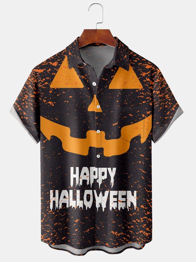 Men's Halloween Pumpkin Face Print Casual Breathable Hawaiian Short Sleeve Shirt