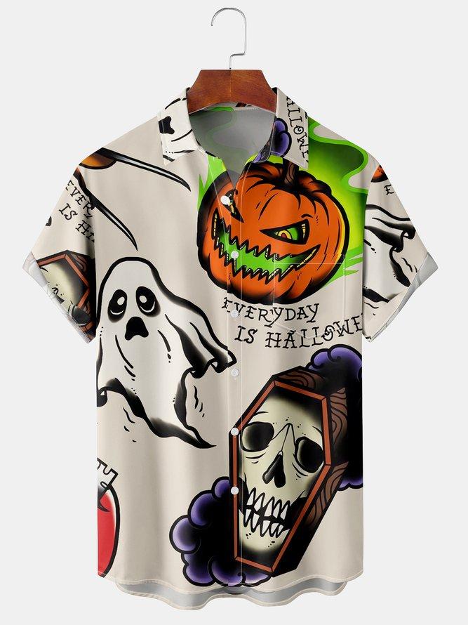Men's Halloween Pumpkin Print Casual Breathable Short Sleeve Shirt