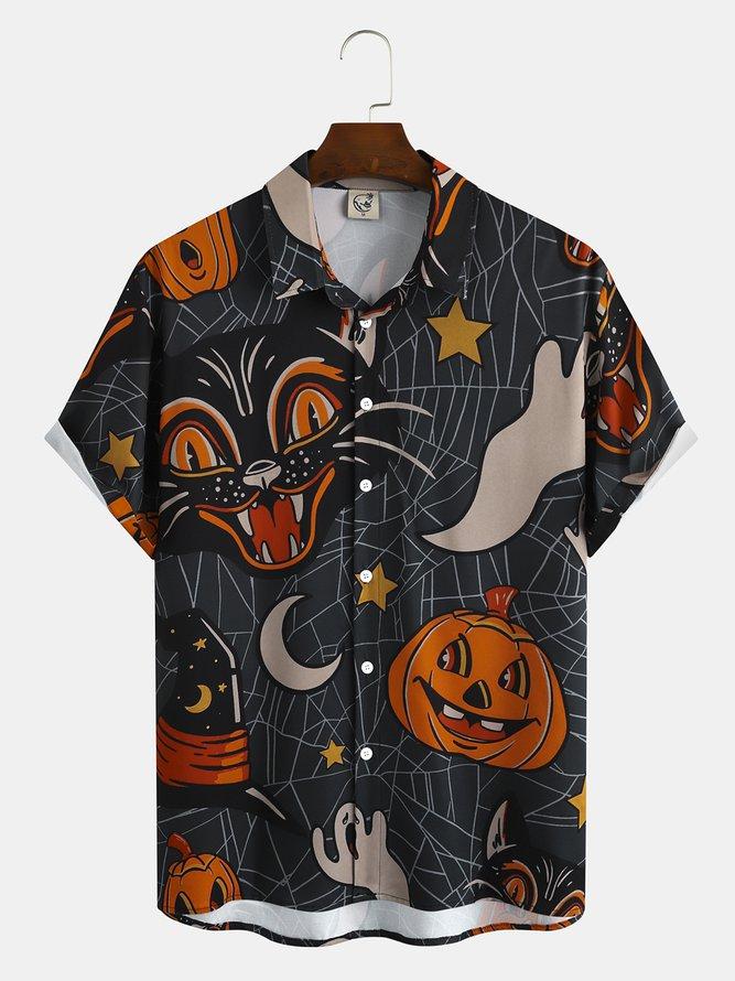 Men's Halloween Funny 
Pumpkin Cat Print Casual Breathable Short Sleeve Shirt