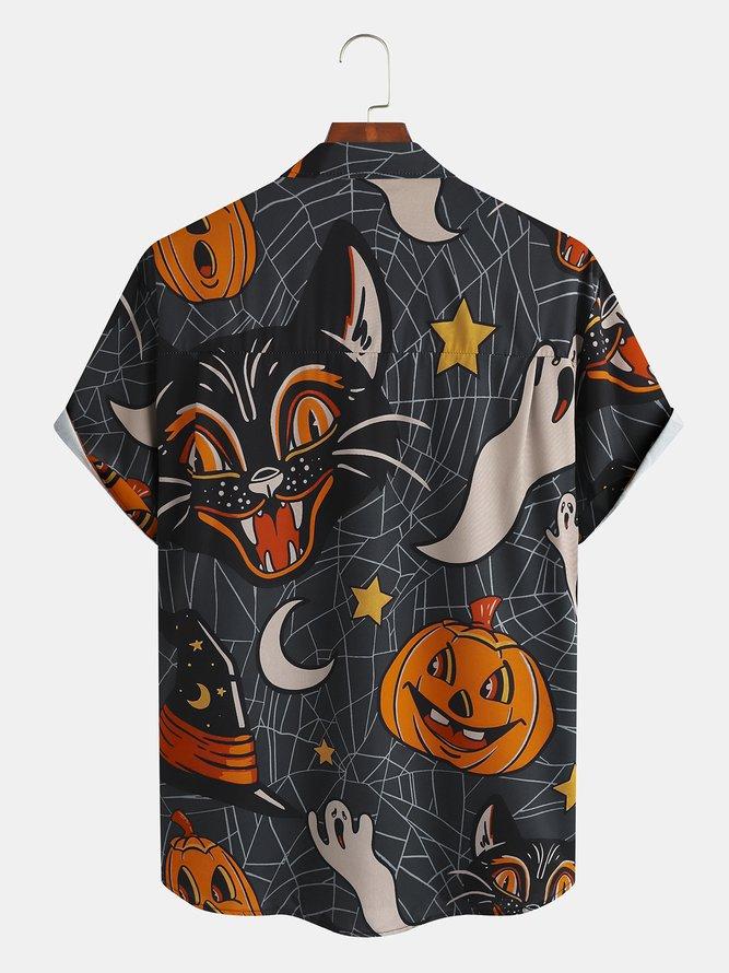 Men's Halloween Funny 
Pumpkin Cat Print Casual Breathable Short Sleeve Shirt