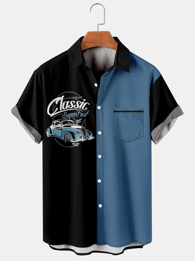 Mens Retro Racing Cars Lapel Loose Chest Pocket Short Sleeve Funky ...