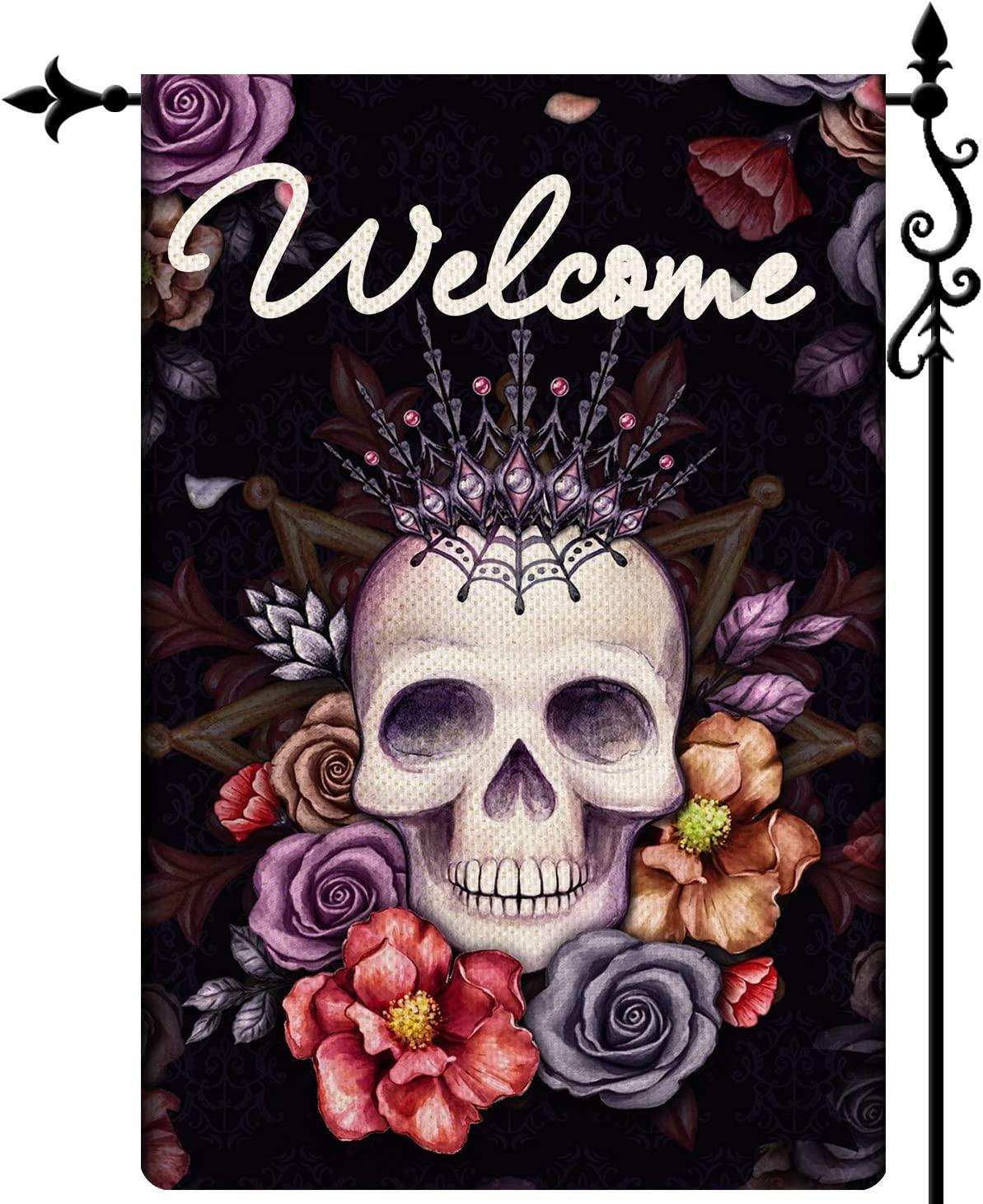 Sugar Roes Flowers Skulls Spring Welcome Garden Flag, Double Sided Welcome Seasonal House Flags, Yard Signs Farm Home Outdoor Decor