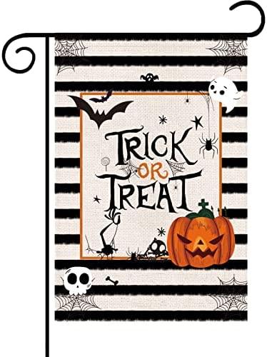 =halloween Trick Or Treat Garden Flag With Black Stripe, Spider, Cobweb, Bat, Ghost, Skull And Pumpkin, 12x18 Inch Double Sided Small Scary Rustic Vertical Banner For Festive Yard Outside Party And Farmhouse Decoration