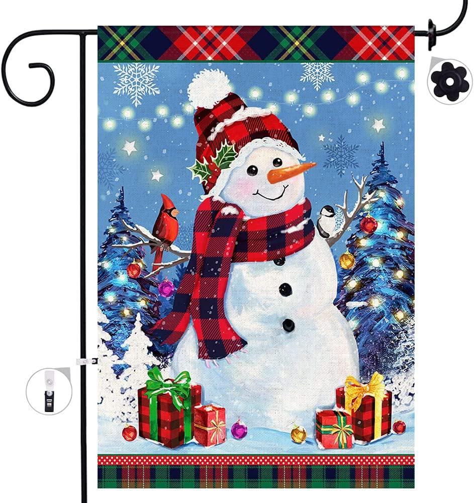 Christmas Garden Flag, Snowman Christmas Tree Burlap Small Yard Flags Double Sided, Red Buffalo Plaid Let It Snow Winter Welcome Holiday Vertical Lawn Signs For Home Outdoor Decorations Gifts